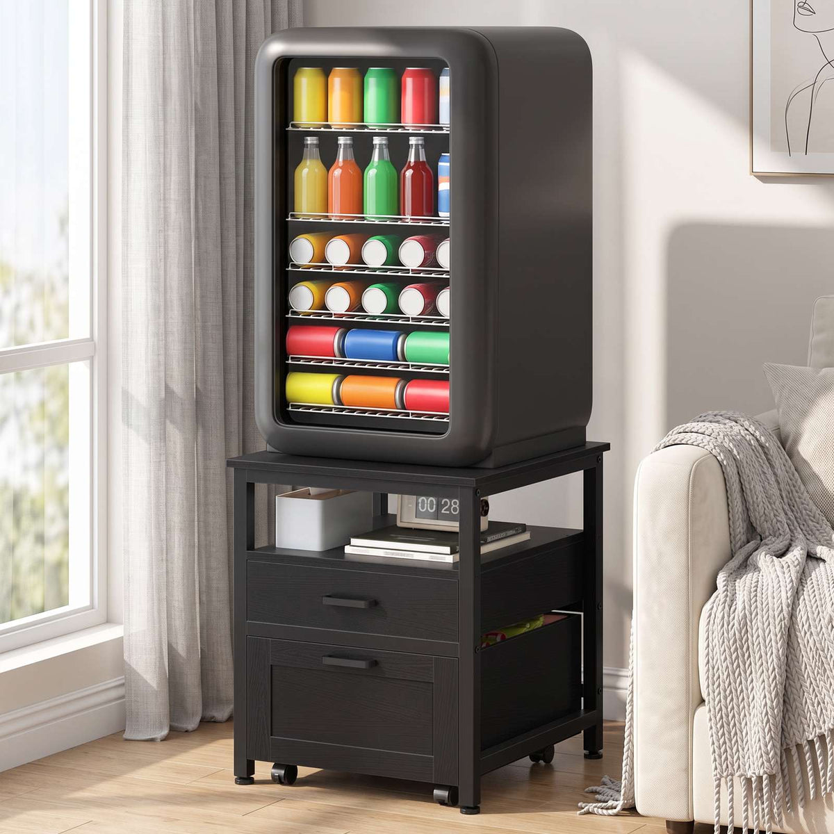 HOOBRO Modern Mini Fridge Stand with 2 Storage Drawers, Heavy Duty Riser Cart