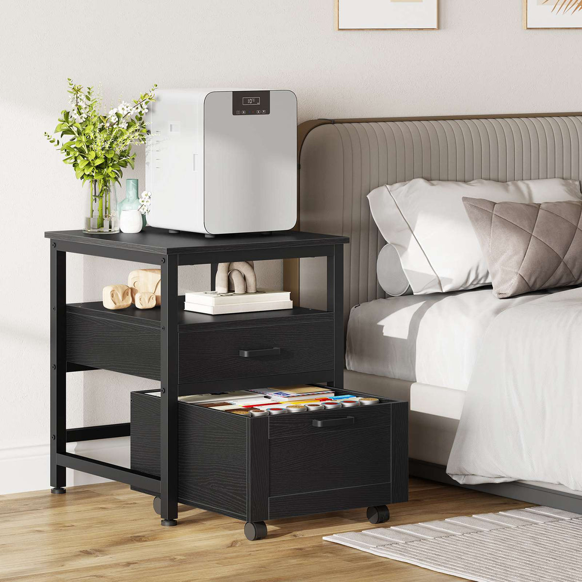 HOOBRO Modern Mini Fridge Stand with 2 Storage Drawers, Heavy Duty Riser Cart
