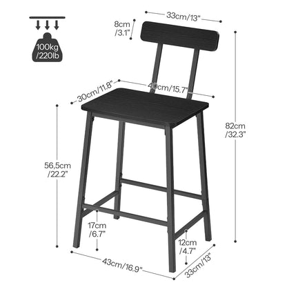 HOOBRO Modern Black Bar Stools Set of 2, Counter Height Chairs with Backrest