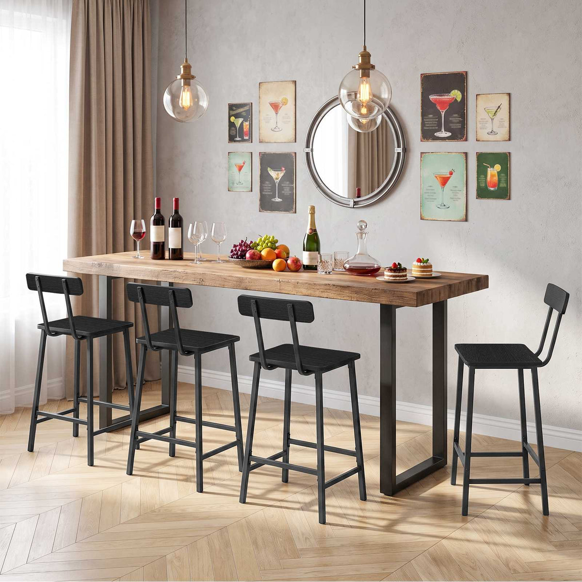 HOOBRO Modern Black Bar Stools Set of 2, Counter Height Chairs with Backrest
