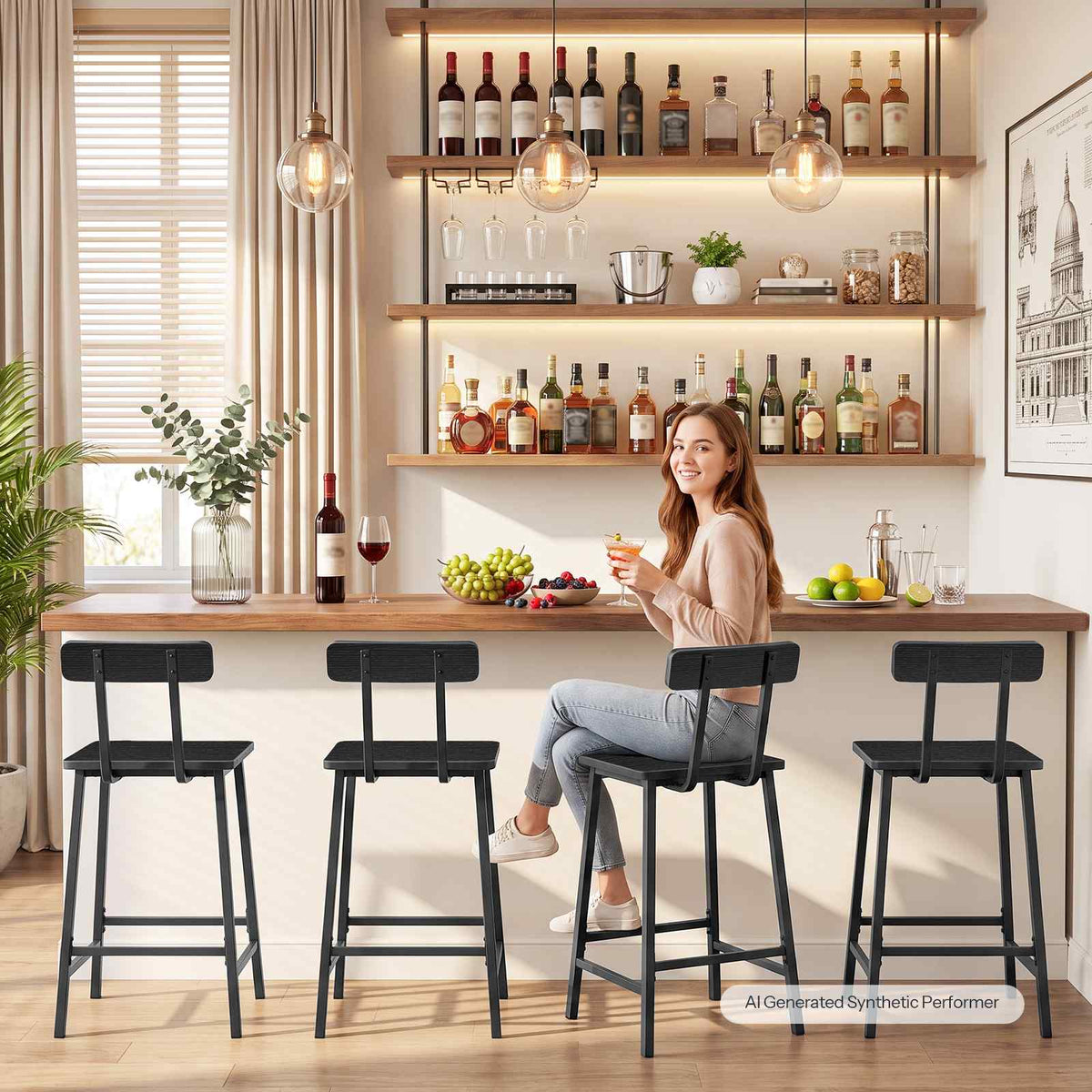 HOOBRO Modern Black Bar Stools Set of 2, Counter Height Chairs with Backrest
