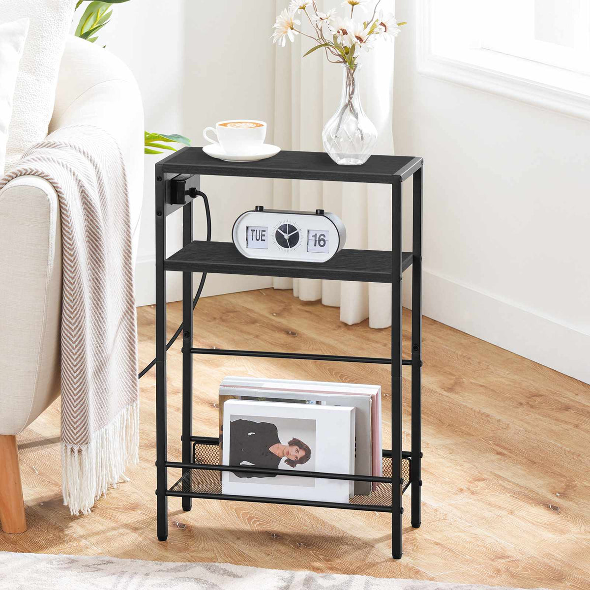 HOOBRO Slim End Tables Set of 2 with Charging Station, 3-Tier Narrow Nightstands