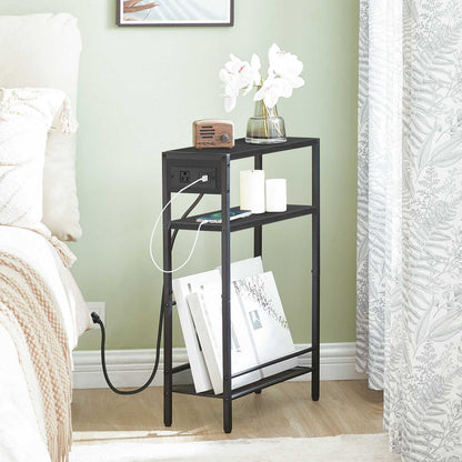 HOOBRO Slim End Tables Set of 2 with Charging Station, 3-Tier Narrow Nightstands
