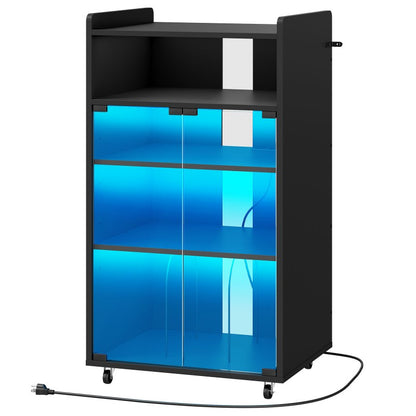 HOOBRO Media Cabinet with Charging Station,  5-Tier AV Media Stand with LED Light, Stereo Cabinet with Glass Door, Adjustable Shelves and Dividers, for Living, Recording Room