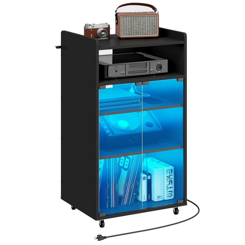 HOOBRO Media Cabinet with Charging Station,  5-Tier AV Media Stand with LED Light, Stereo Cabinet with Glass Door, Adjustable Shelves and Dividers, for Living, Recording Room