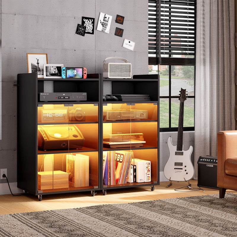 HOOBRO Media Cabinet with Charging Station,  5-Tier AV Media Stand with LED Light, Stereo Cabinet with Glass Door, Adjustable Shelves and Dividers, for Living, Recording Room