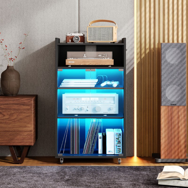 HOOBRO Media Cabinet with Charging Station,  5-Tier AV Media Stand with LED Light, Stereo Cabinet with Glass Door, Adjustable Shelves and Dividers, for Living, Recording Room