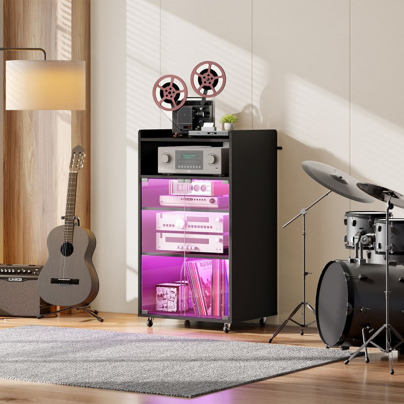 HOOBRO Media Cabinet with Charging Station,  5-Tier AV Media Stand with LED Light, Stereo Cabinet with Glass Door, Adjustable Shelves and Dividers, for Living, Recording Room