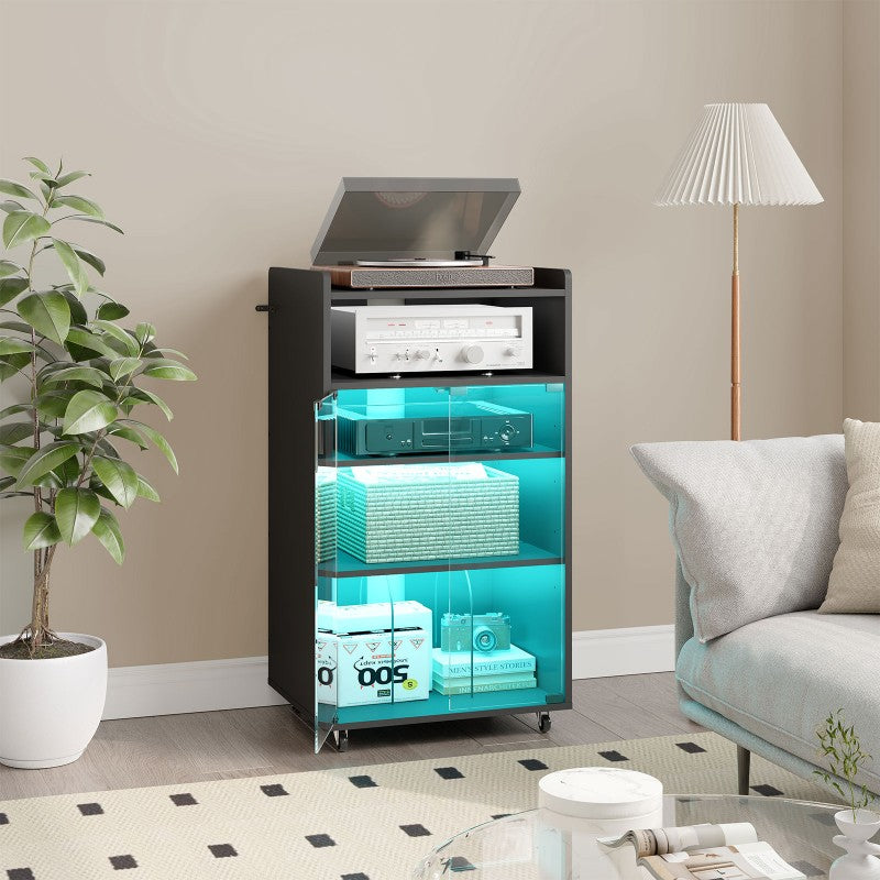 HOOBRO Media Cabinet with Charging Station,  5-Tier AV Media Stand with LED Light, Stereo Cabinet with Glass Door, Adjustable Shelves and Dividers, for Living, Recording Room