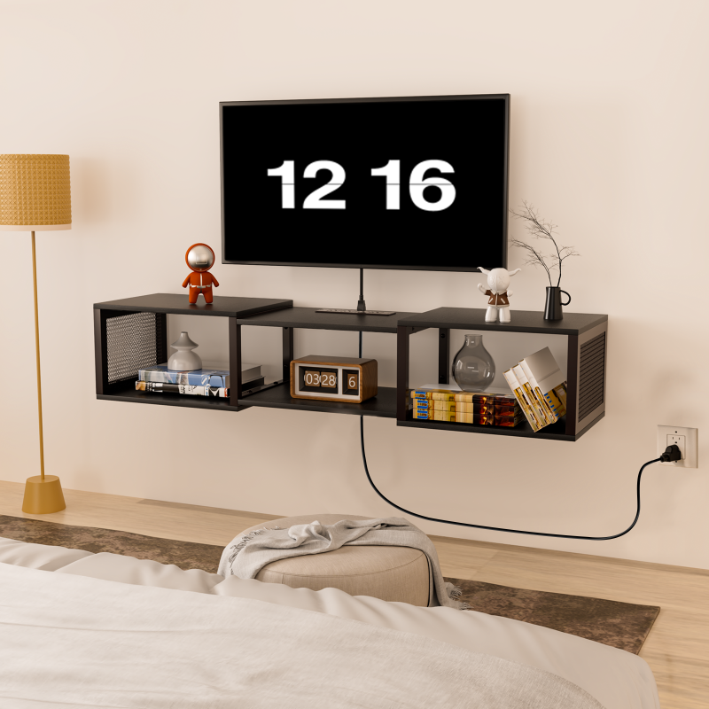 HOOBRO Floating TV Stand Wall Mounted with Power Outlet, Floating Entertainment Center for 55 inch TVs, Wall Mounted Entertainment Shelf with Storage, for Living Room, Bedroom