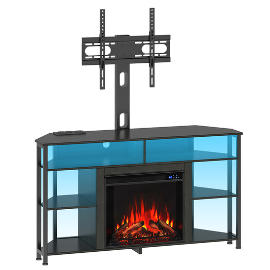 HOOBRO Corner Fireplace TV Stand with Mount for up to 75", Swivel TV Stand with Fireplace, Entertainment Center with Power Outlet and LED Lights, Black TV Consoles for Living Room