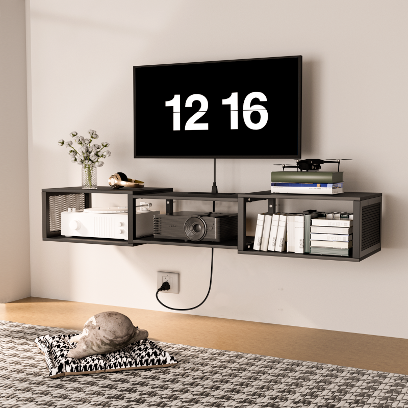 HOOBRO Floating TV Stand Wall Mounted with Power Outlet, Floating Entertainment Center for 65 inch TVs, Wall Mounted Entertainment Shelf with Storage, for Living Room, Bedroom
