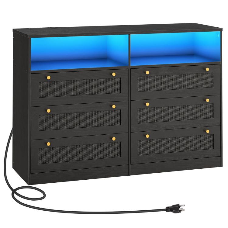 HOOBRO Dresser for Bedroom with 6 Drawers, Black Rattan Dresser with LED Lights and Charging Station, Wide Chest of Drawers with Open Space, Modern Wide 6 Drawers Dresser for Bedroom