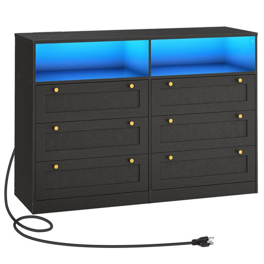 HOOBRO Dresser for Bedroom with 6 Drawers, Black Rattan Dresser with LED Lights and Charging Station, Wide Chest of Drawers with Open Space, Modern Wide 6 Drawers Dresser for Bedroom
