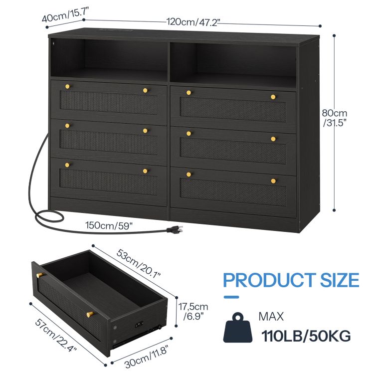 HOOBRO Dresser for Bedroom with 6 Drawers, Black Rattan Dresser with LED Lights and Charging Station, Wide Chest of Drawers with Open Space, Modern Wide 6 Drawers Dresser for Bedroom
