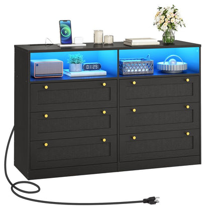 HOOBRO Dresser for Bedroom with 6 Drawers, Black Rattan Dresser with LED Lights and Charging Station, Wide Chest of Drawers with Open Space, Modern Wide 6 Drawers Dresser for Bedroom