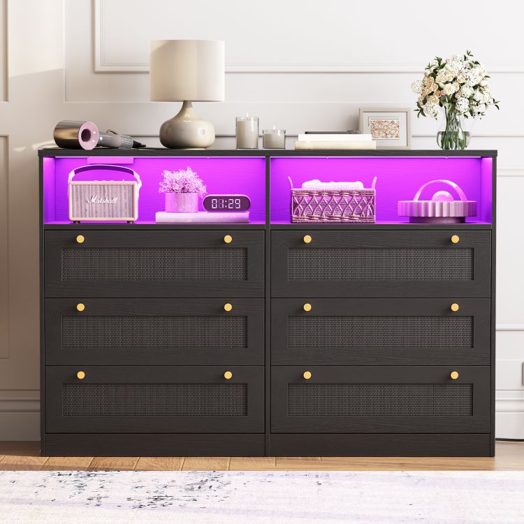HOOBRO Dresser for Bedroom with 6 Drawers, Black Rattan Dresser with LED Lights and Charging Station, Wide Chest of Drawers with Open Space, Modern Wide 6 Drawers Dresser for Bedroom