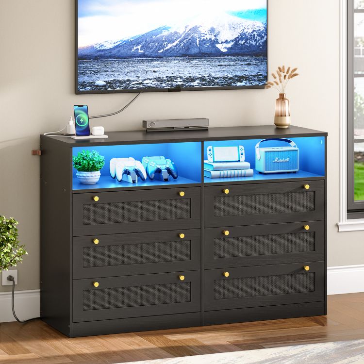 HOOBRO Dresser for Bedroom with 6 Drawers, Black Rattan Dresser with LED Lights and Charging Station, Wide Chest of Drawers with Open Space, Modern Wide 6 Drawers Dresser for Bedroom