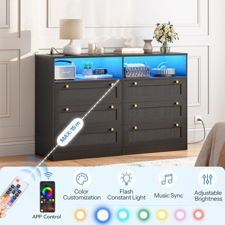 HOOBRO Dresser for Bedroom with 6 Drawers, Black Rattan Dresser with LED Lights and Charging Station, Wide Chest of Drawers with Open Space, Modern Wide 6 Drawers Dresser for Bedroom