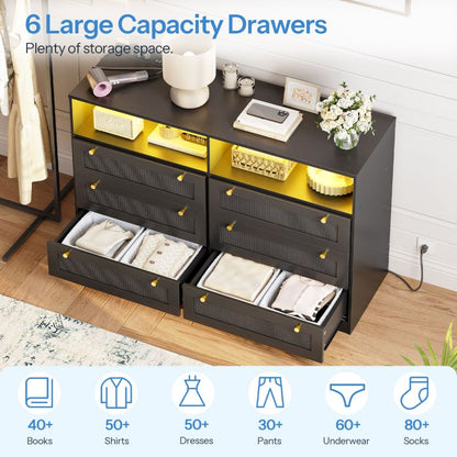 HOOBRO Dresser for Bedroom with 6 Drawers, Black Rattan Dresser with LED Lights and Charging Station, Wide Chest of Drawers with Open Space, Modern Wide 6 Drawers Dresser for Bedroom