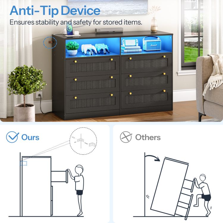 HOOBRO Dresser for Bedroom with 6 Drawers, Black Rattan Dresser with LED Lights and Charging Station, Wide Chest of Drawers with Open Space, Modern Wide 6 Drawers Dresser for Bedroom