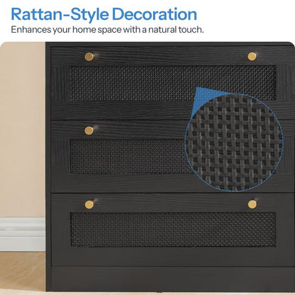 HOOBRO Dresser for Bedroom with 6 Drawers, Black Rattan Dresser with LED Lights and Charging Station, Wide Chest of Drawers with Open Space, Modern Wide 6 Drawers Dresser for Bedroom