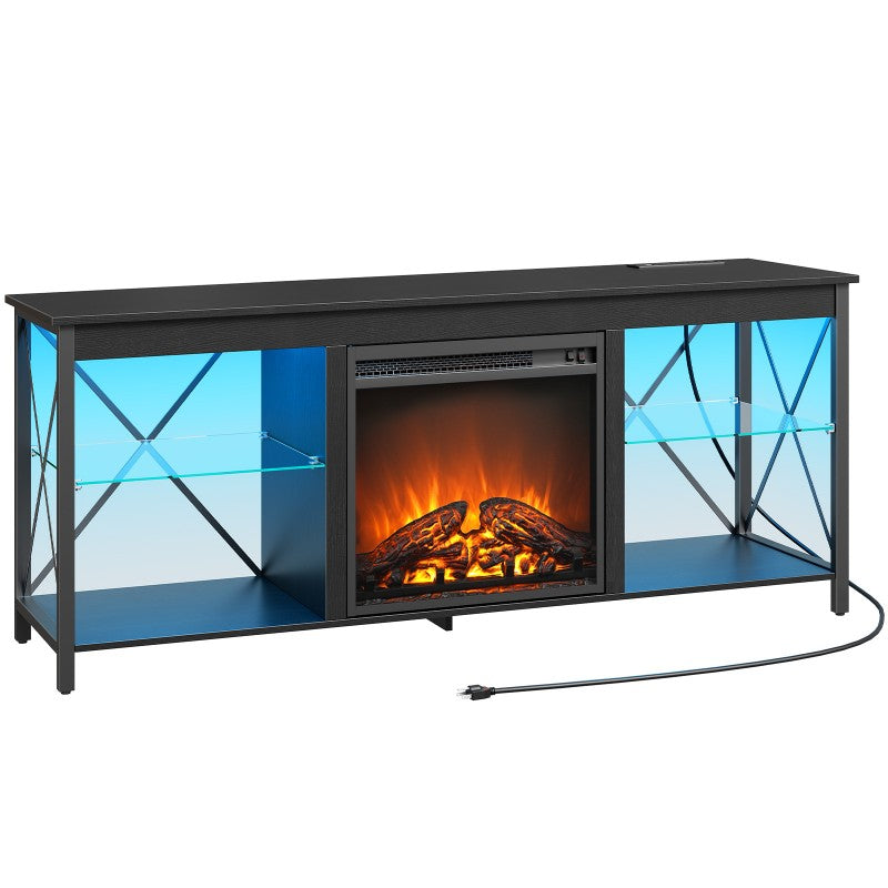 HOOBRO Fireplace TV Stand with Led Lights and Power Outlets, Wooden Media Entertainment Center Console Table with Glass Shelves, Fireplace TV Console for TVs up to 65"