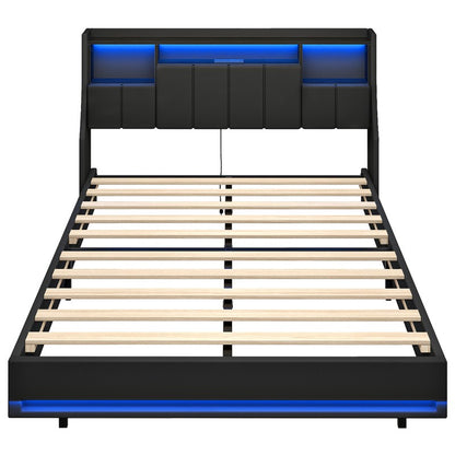 HOOBRO Bed Frame Full/Queen Size, Upholstered Bed Frame with Storage Headboard, LED Bed Frame with Charging Station, Metal Platform Bed and Wooden Slats, No Box Springs Needed