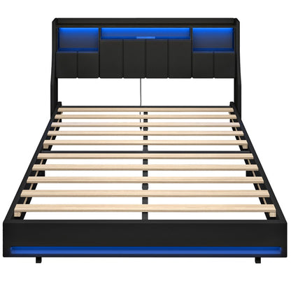 HOOBRO Bed Frame Full/Queen Size, Upholstered Bed Frame with Storage Headboard, LED Bed Frame with Charging Station, Metal Platform Bed and Wooden Slats, No Box Springs Needed