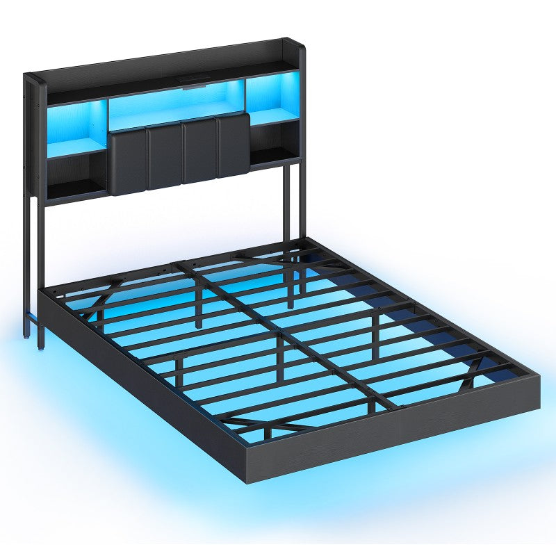 HOOBRO Floating Bed Frame with Storage Headboard and LED Lights, Floating Bed Frame with Charging Station and Upholstered Headboard, Full Metal Platform Bed, No Box Springs Needed