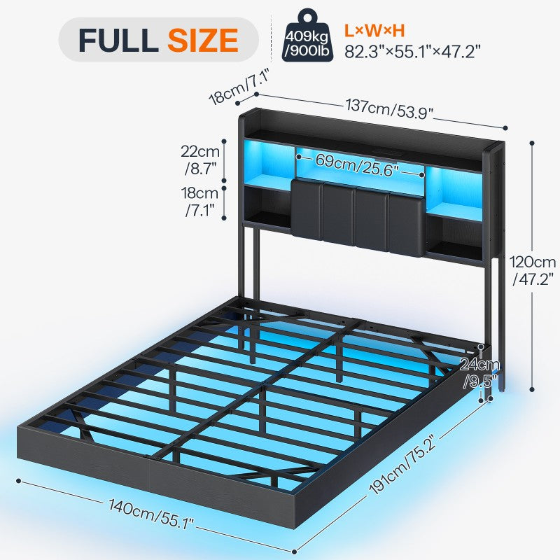 HOOBRO Floating Bed Frame with Storage Headboard and LED Lights, Floating Bed Frame with Charging Station and Upholstered Headboard, Full Metal Platform Bed, No Box Springs Needed
