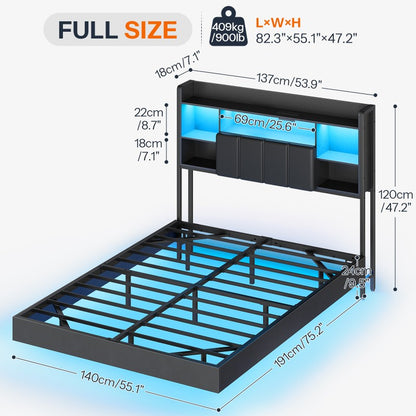 HOOBRO Floating Bed Frame with Storage Headboard and LED Lights, Floating Bed Frame with Charging Station and Upholstered Headboard, Full Metal Platform Bed, No Box Springs Needed