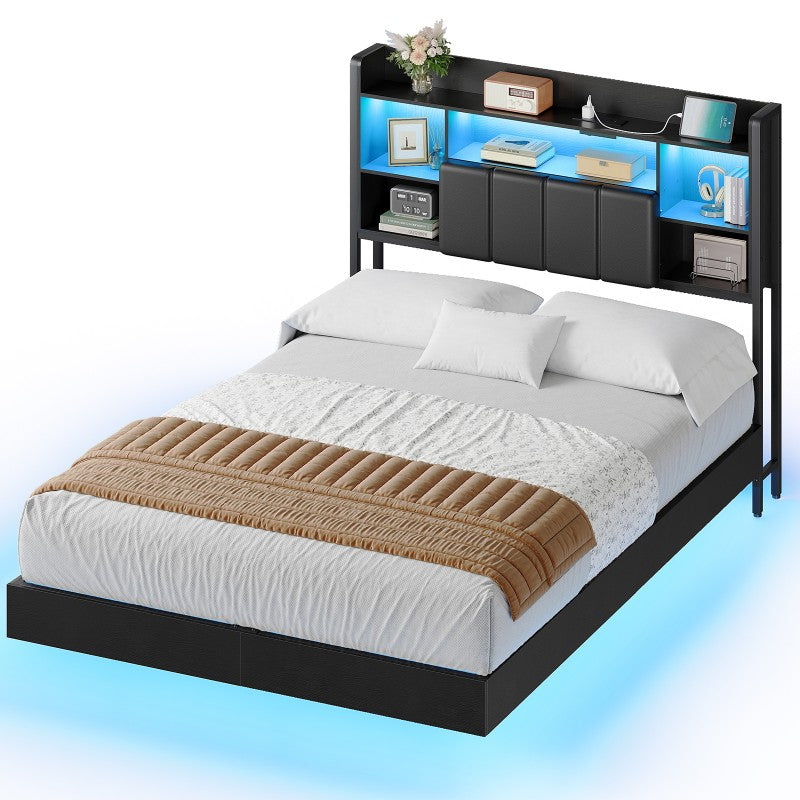 HOOBRO Floating Bed Frame with Storage Headboard and LED Lights, Floating Bed Frame with Charging Station and Upholstered Headboard, Full Metal Platform Bed, No Box Springs Needed