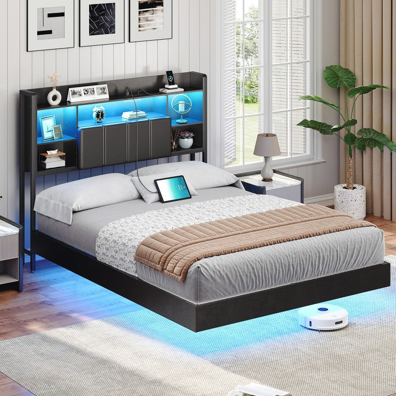 HOOBRO Floating Bed Frame with Storage Headboard and LED Lights, Floating Bed Frame with Charging Station and Upholstered Headboard, Full Metal Platform Bed, No Box Springs Needed