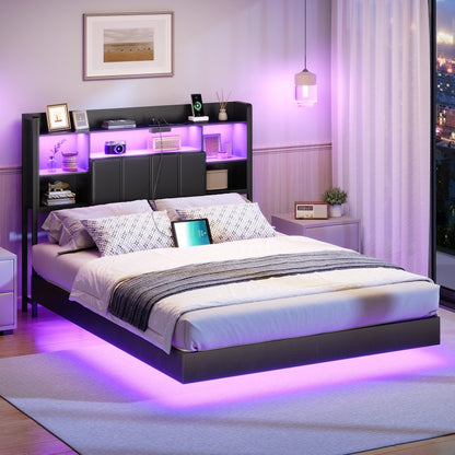 HOOBRO Floating Bed Frame with Storage Headboard and LED Lights, Floating Bed Frame with Charging Station and Upholstered Headboard, Full Metal Platform Bed, No Box Springs Needed