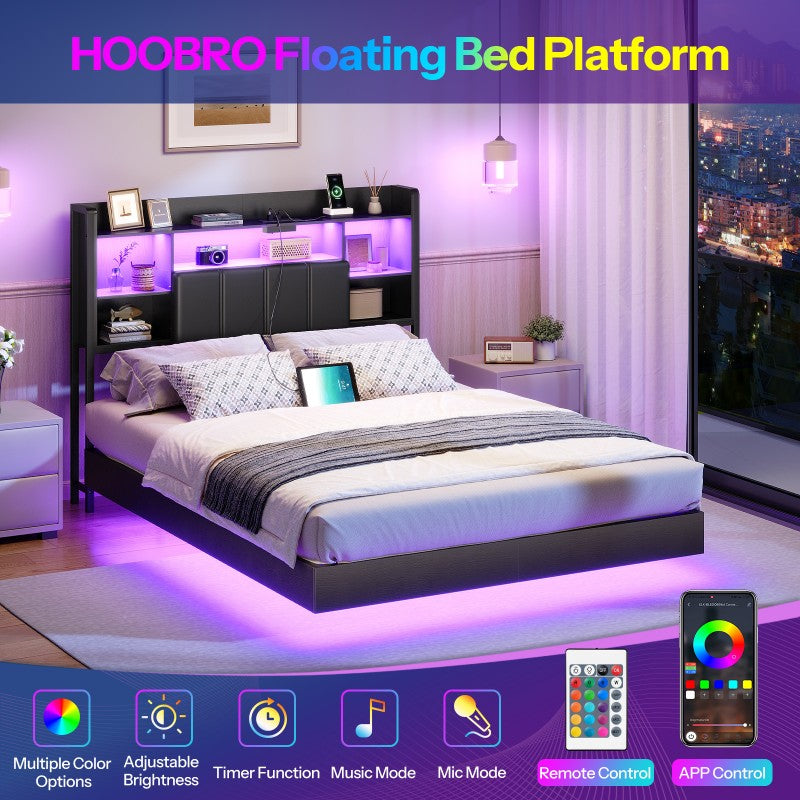 HOOBRO Floating Bed Frame with Storage Headboard and LED Lights, Floating Bed Frame with Charging Station and Upholstered Headboard, Full Metal Platform Bed, No Box Springs Needed