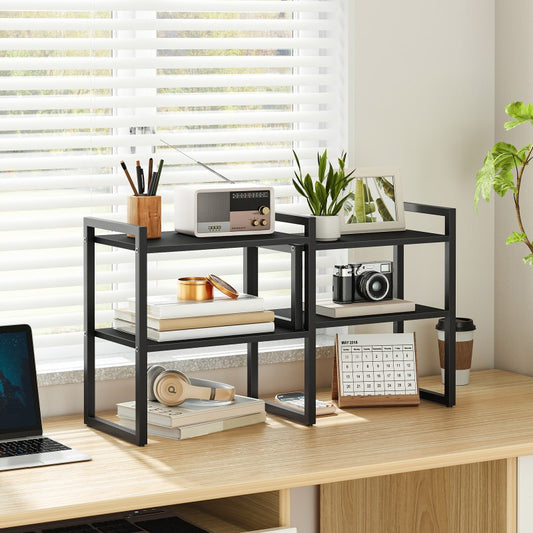 HOOBRO Desk Shelf Organizer, Adjustable Desktop Bookshelf, 2-Tier Shelf for Top of Desk, Wooden Office Storage Rack, for Office, Study, Kitchen, Dorm