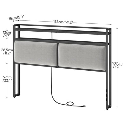 HOOBRO Queen/King Size Upholstered Headboard, Storage Headboard with Charging Station and Adjustable LED Lights, 2 Standard Outlets and 2 USB Ports, Queen Headboard Only, Easy Assembly