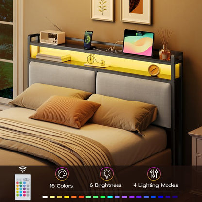 HOOBRO Queen/King Size Upholstered Headboard, Storage Headboard with Charging Station and Adjustable LED Lights, 2 Standard Outlets and 2 USB Ports, Queen Headboard Only, Easy Assembly