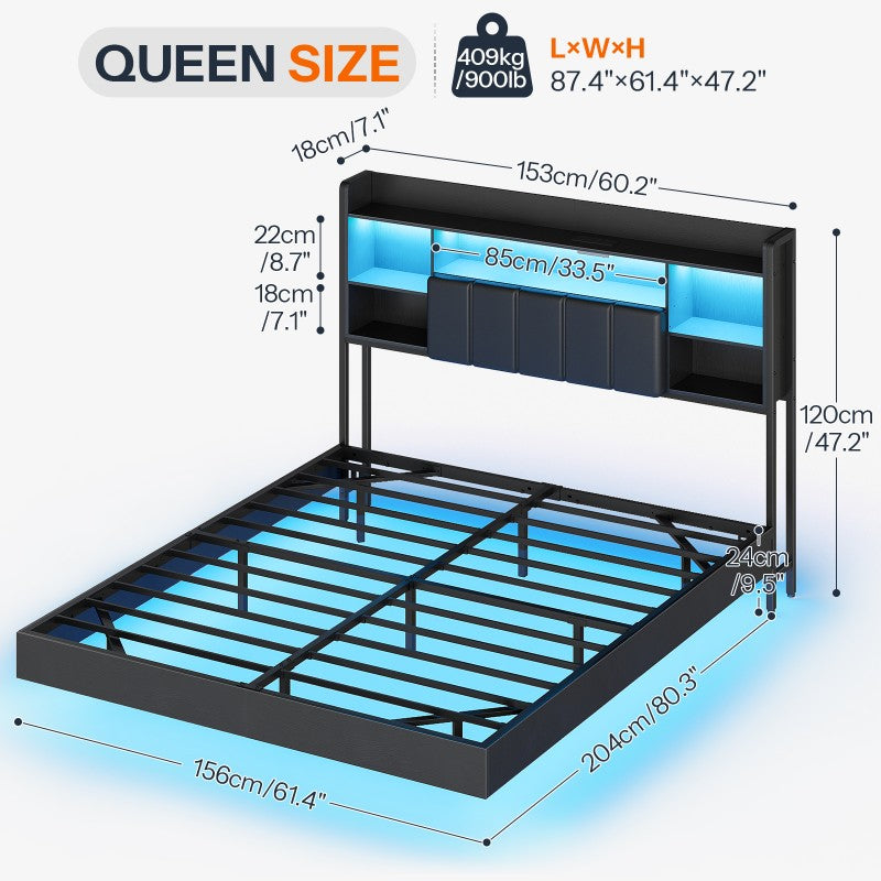 HOOBRO Floating Bed Frame with Storage Headboard and LED Lights, Floating Bed Frame with Charging Station and Upholstered Headboard, Full Metal Platform Bed, No Box Springs Needed