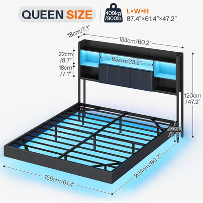 HOOBRO Floating Bed Frame with Storage Headboard and LED Lights, Floating Bed Frame with Charging Station and Upholstered Headboard, Full Metal Platform Bed, No Box Springs Needed