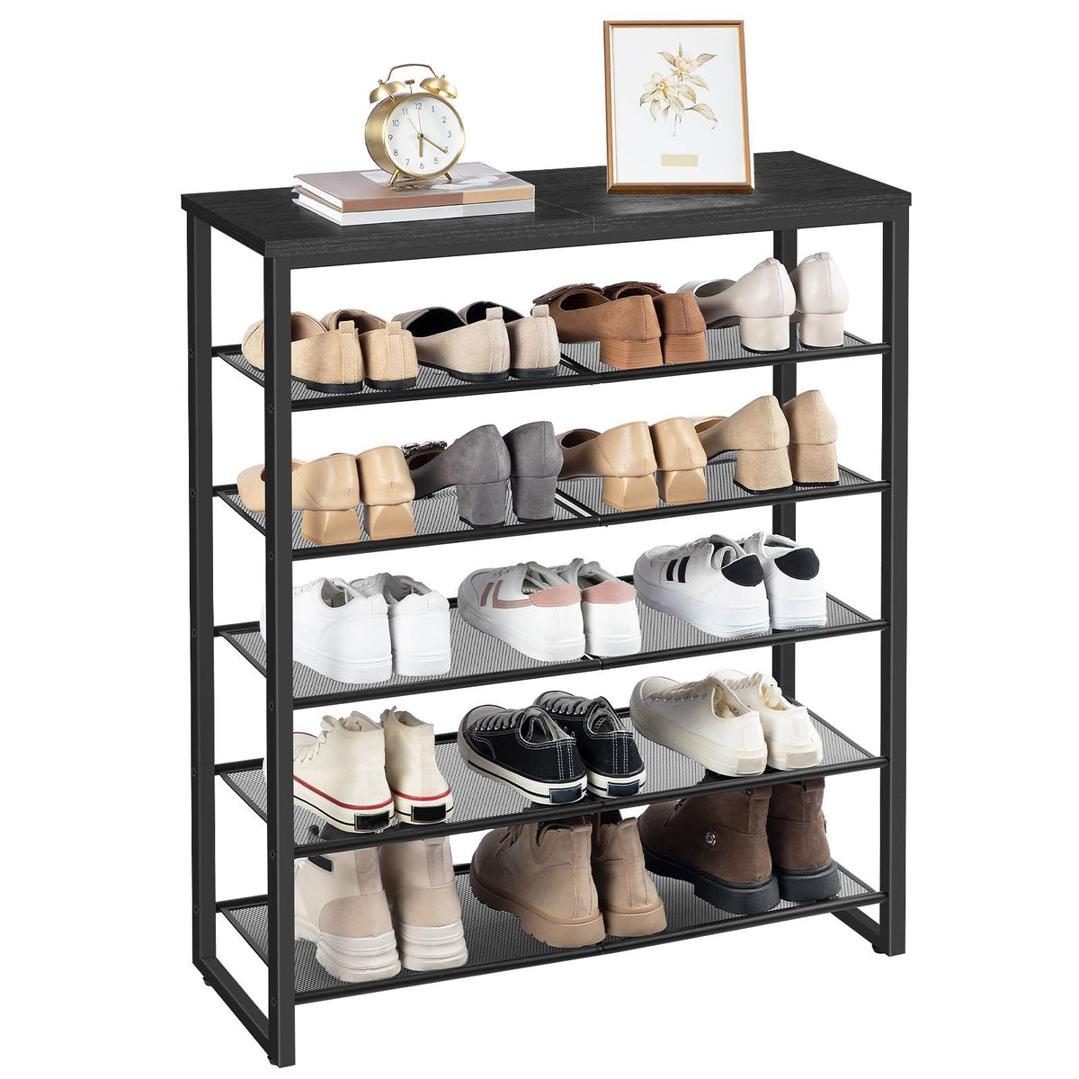 HOOBRO 6-Tier Metal Shoe Rack with Wood Top, Freestanding Entryway Organizer