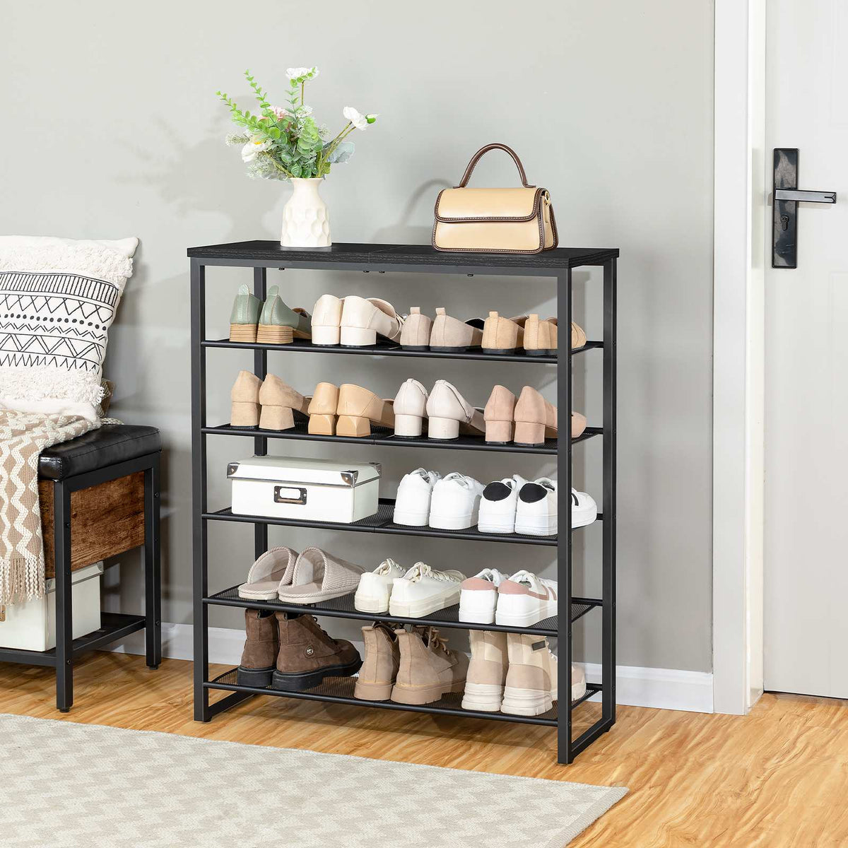 HOOBRO 6-Tier Metal Shoe Rack with Wood Top, Freestanding Entryway Organizer