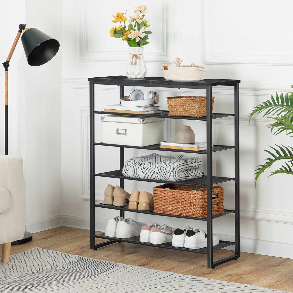 HOOBRO 6-Tier Metal Shoe Rack with Wood Top, Freestanding Entryway Organizer