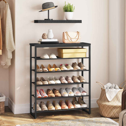 HOOBRO 6-Tier Metal Shoe Rack with Wood Top, Freestanding Entryway Organizer