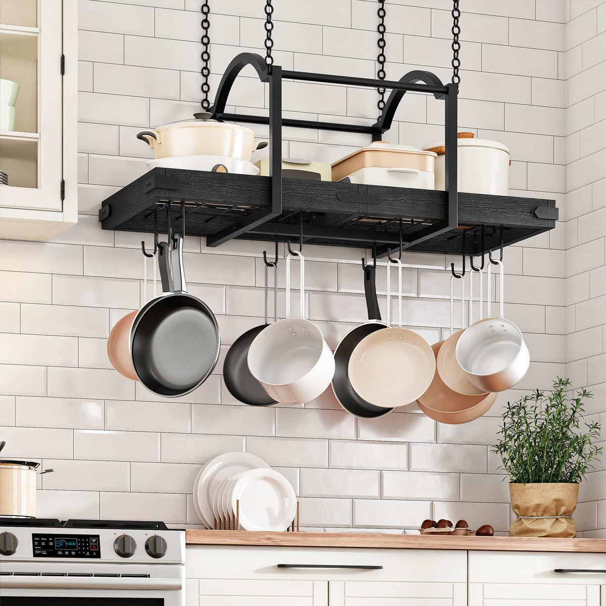 HOOBRO Ceiling Mounted Hanging Pot and Pan Rack with Hooks for Kitchen Island