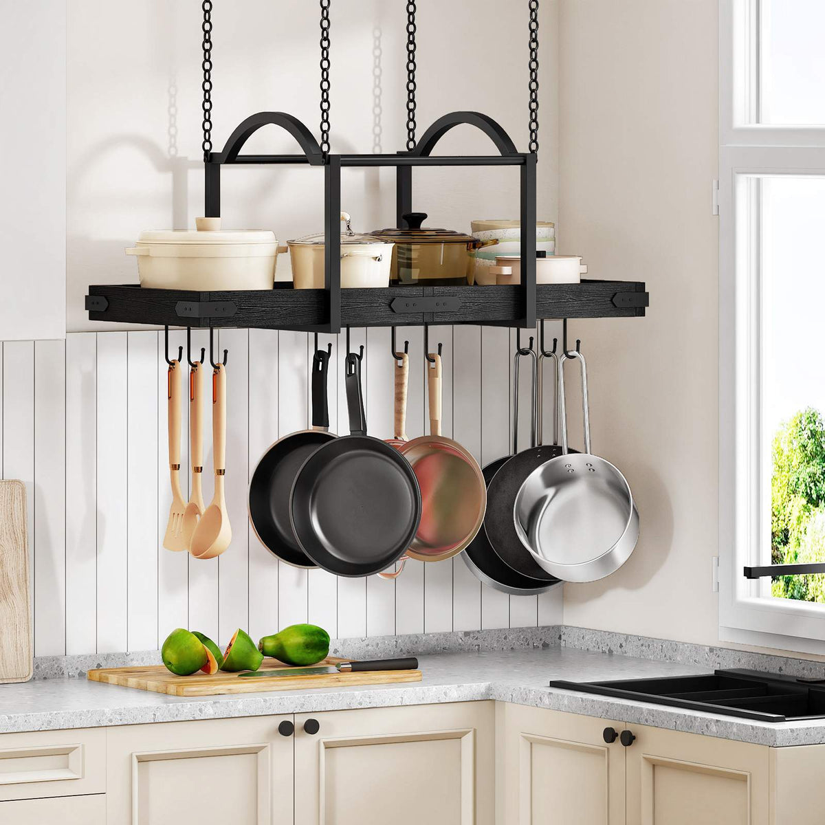 HOOBRO Ceiling Mounted Hanging Pot and Pan Rack with Hooks for Kitchen Island