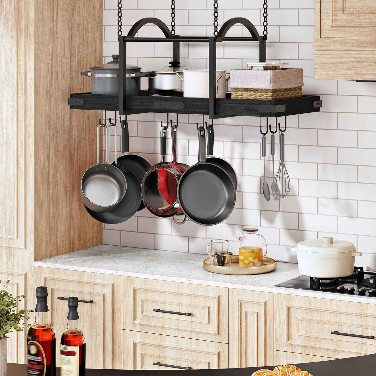 HOOBRO Ceiling Mounted Hanging Pot and Pan Rack with Hooks for Kitchen Island