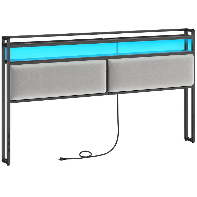 HOOBRO Queen/King Size Upholstered Headboard, Storage Headboard with Charging Station and Adjustable LED Lights, 2 Standard Outlets and 2 USB Ports, Queen Headboard Only, Easy Assembly
