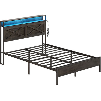 HOOBRO Full Size Bed Frame with Charging Station and LED Lights Noise-Free No Box Springs Needed